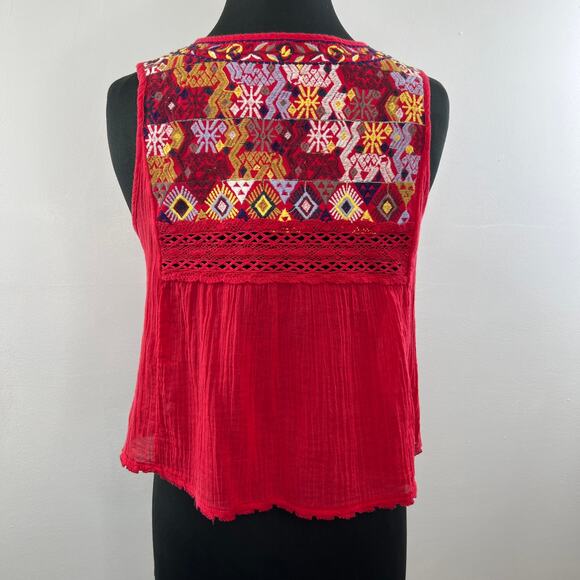 Free People Lohri Red Embroidered Tie Keyhole Neck Tassel Boho Tank Top Size XS - Picture 4 of 6
